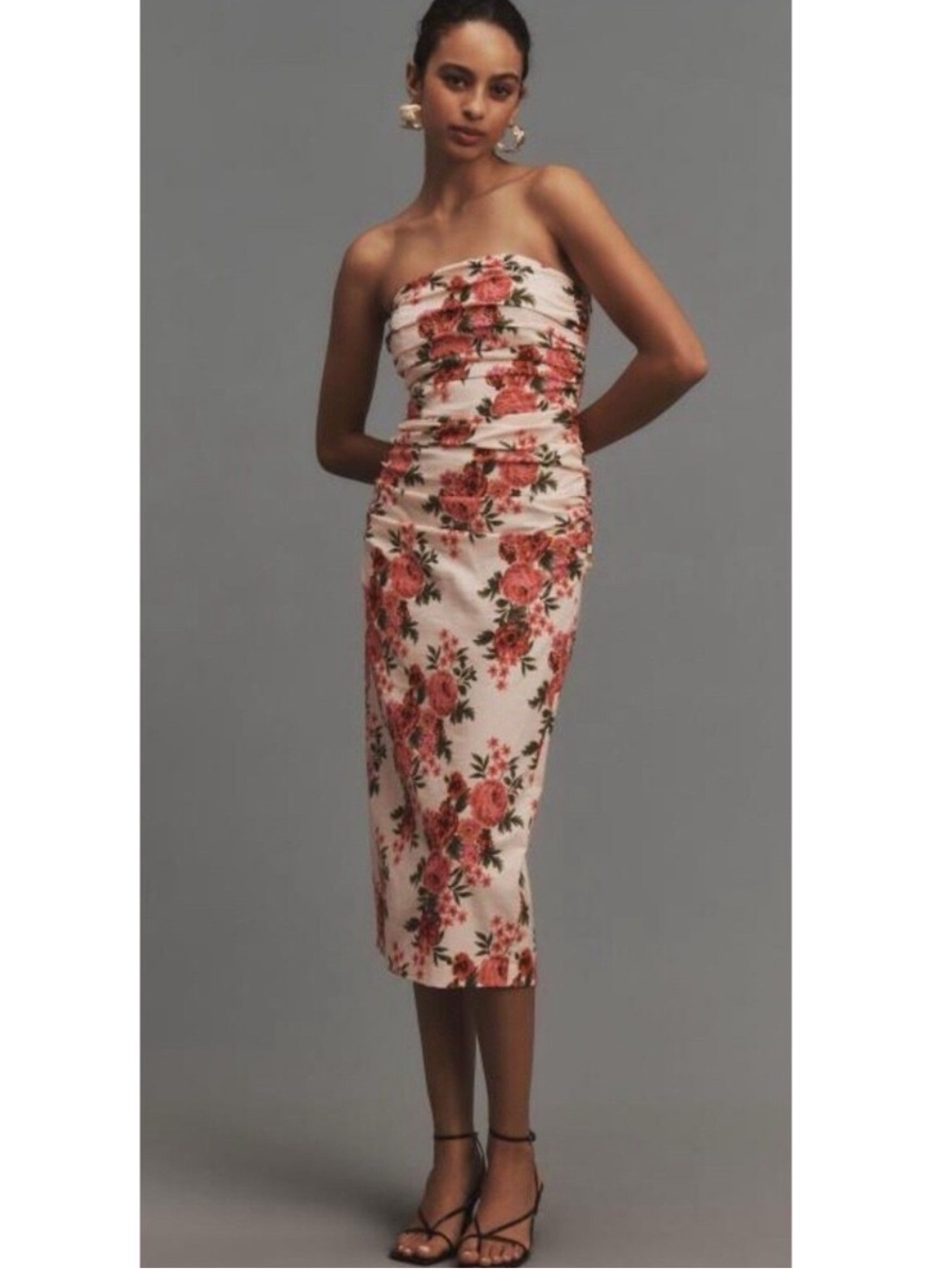 Anthropologie Floral Strapless Midi Dress - with Pink Rose Print
